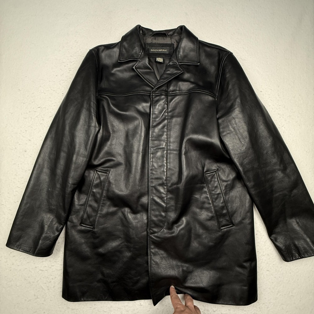 Banana Republic Coat Mens Medium Black Leather Overcoat Button Front Lined
